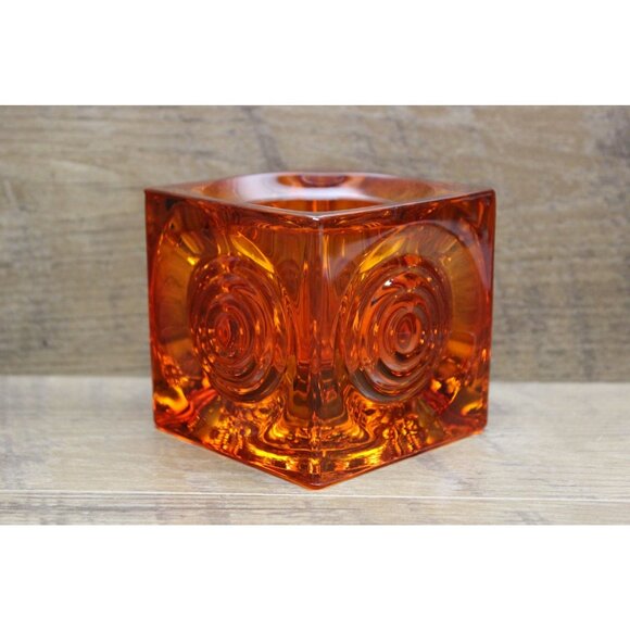 VIKING GLASS Bull’s Eye Candle Holder Orange‎ Persimmon Glimmer MCM Decor - Picture 4 of 12